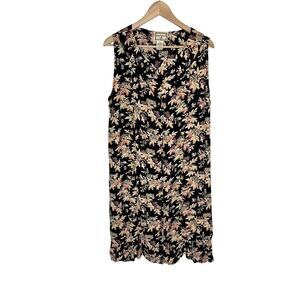 Vintage April Cornell Women Midi Dress Medium Black Floral Tie Back Button Front